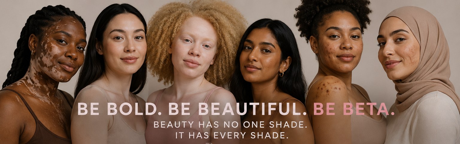 Six women of different skin tones and backgrounds, BetaBEAUTY campaign: Be Bold. Be Beautiful. Be Beta. Beauty has no one shade, it has every shade.