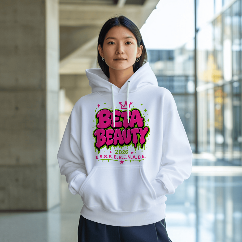 Model wearing the Beta BEAUTY Signature Hoodie, oversized fit